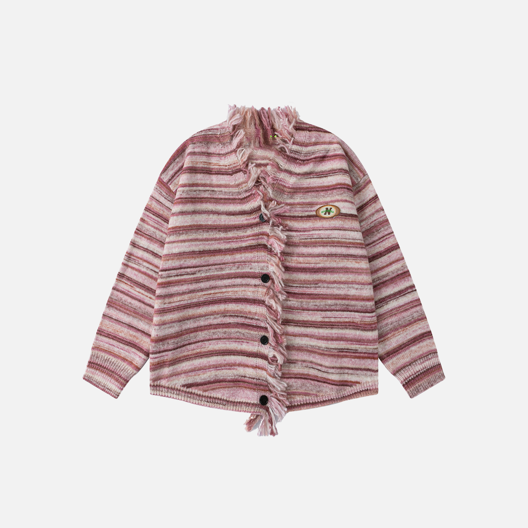 Cozy Striped Ripped Tassel V-Neck Cardigan - Luxuryurbanwear