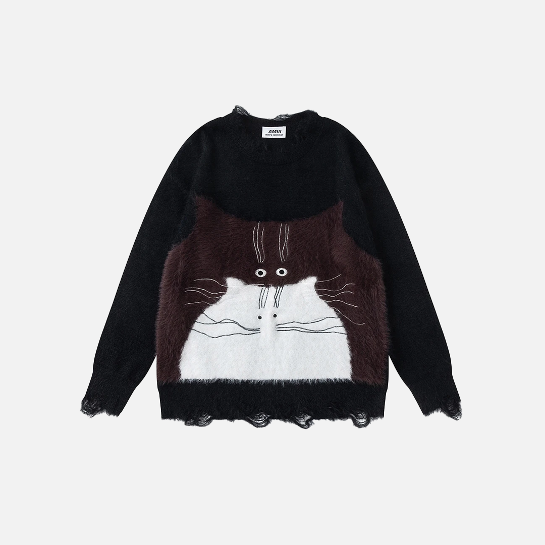 Women Chic Oversized Cat Graphic Knit Sweater - Luxuryurbanwear