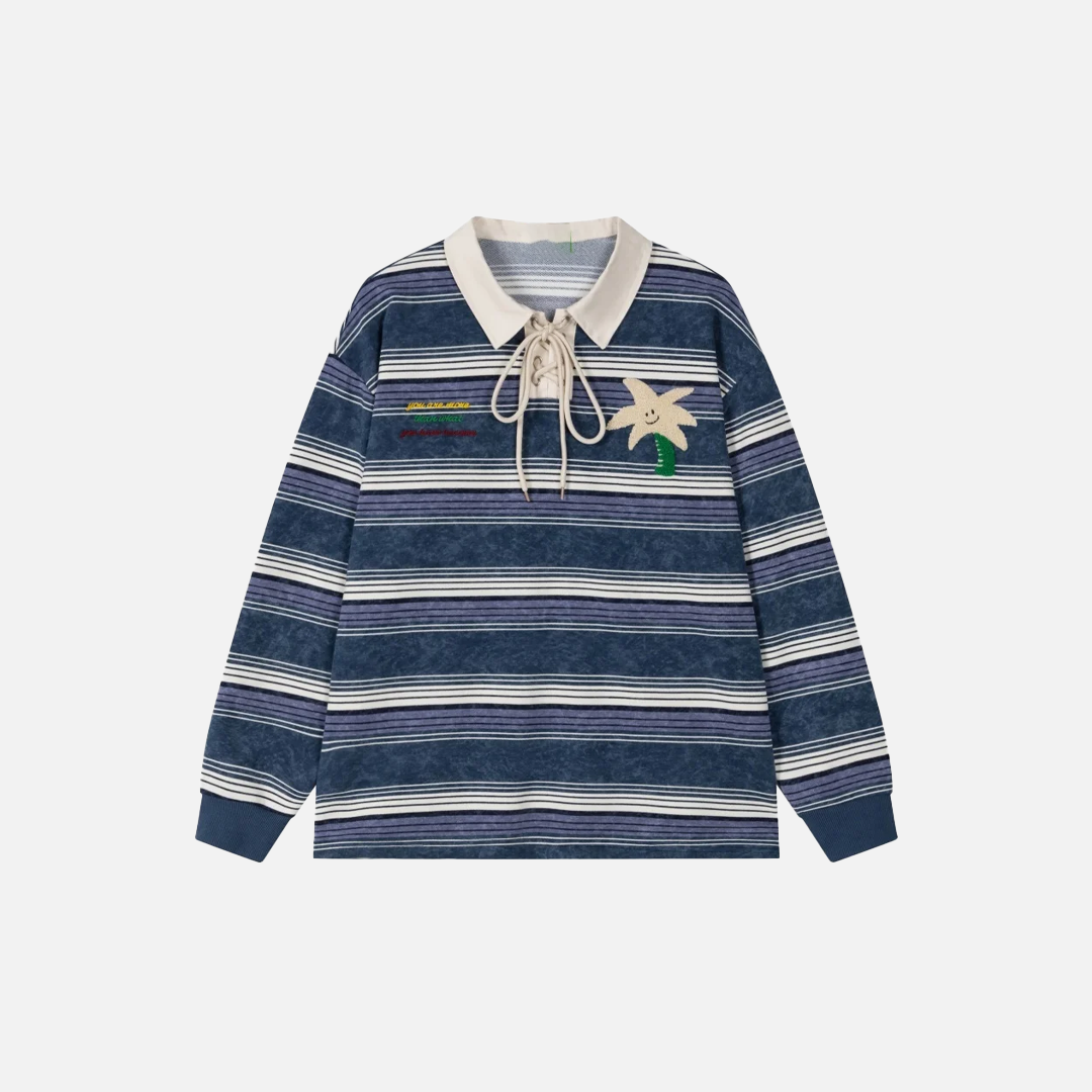 Coconut Tree Embroidery Striped Long Sleeve T-Shirt - Luxuryurbanwear