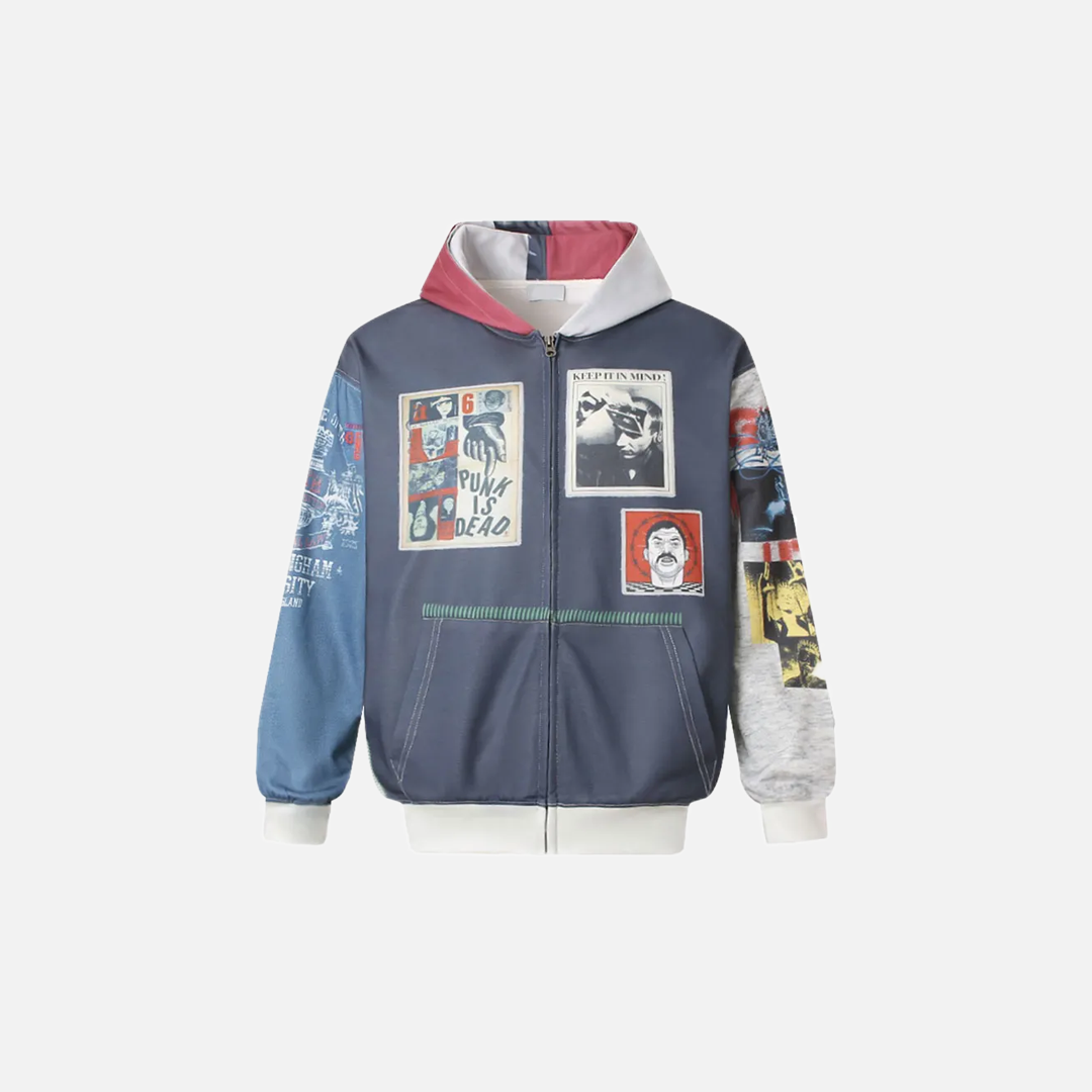 Vintage Grunge Graphic Printed Zip-Up Sweatshirt - Luxuryurbanwear