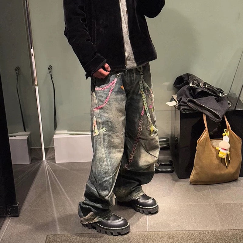 Candy Chain Washed Baggy Jeans - Y2K Cyber Aesthetic Denim | LuxuryUrbanwear - Luxuryurbanwear