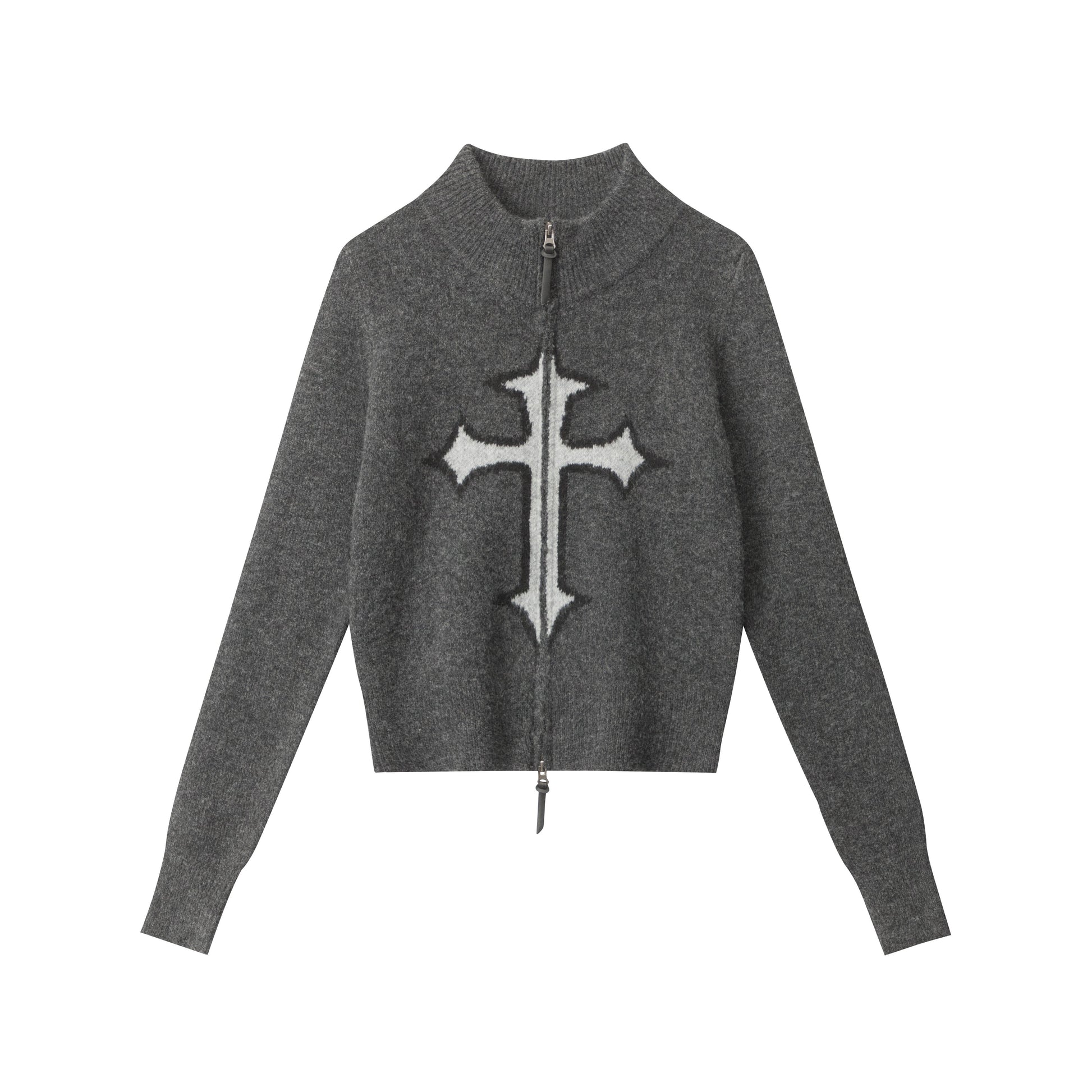 Center Cross | Grunge Wool Zip-Up Sweater - Luxuryurbanwear
