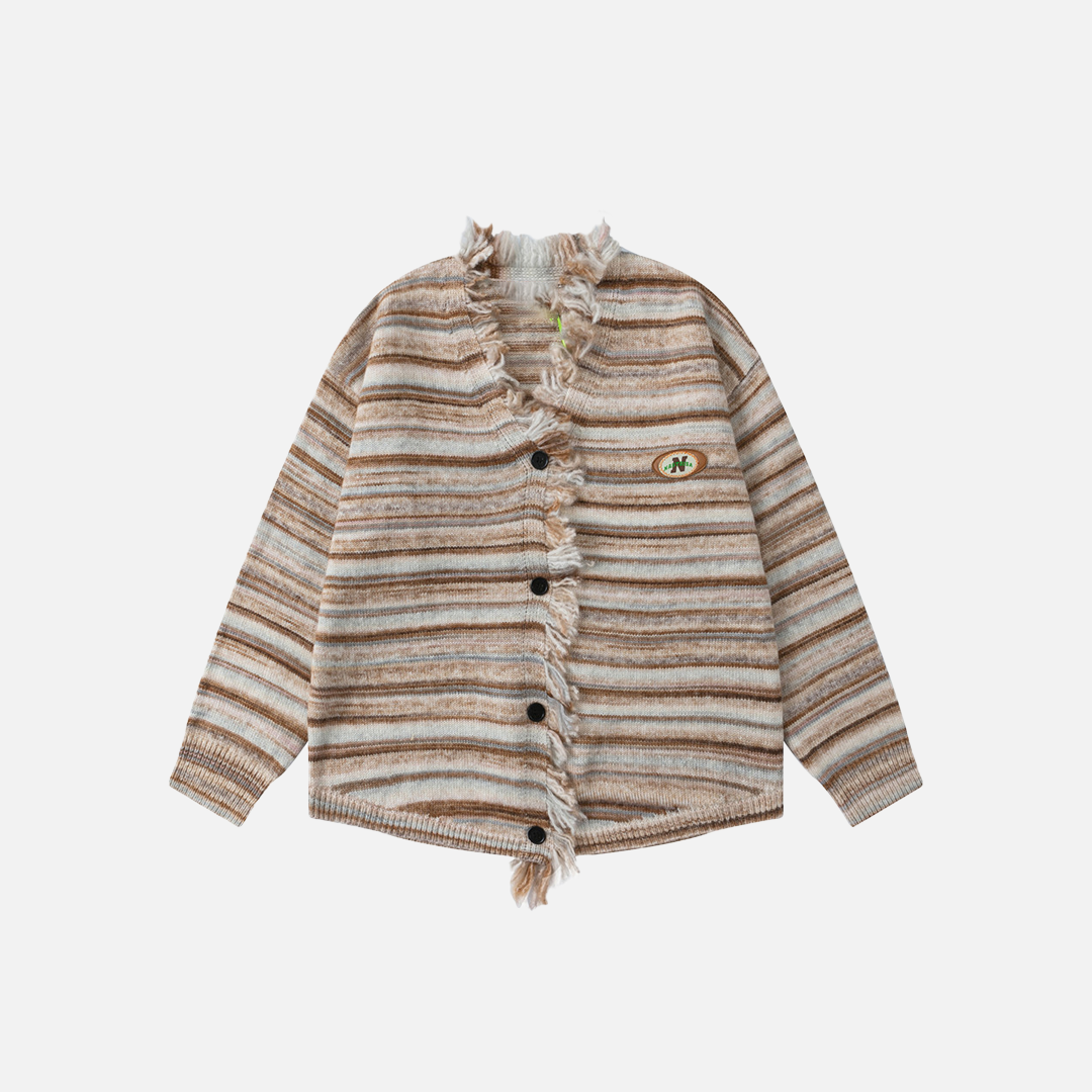 Cozy Striped Ripped Tassel V-Neck Cardigan - Luxuryurbanwear