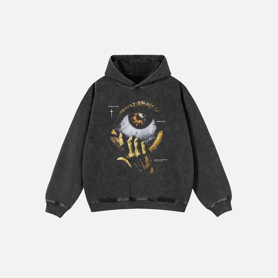 Oversized Faded Black Evil Eye Graphic Hoodie - Luxuryurbanwear
