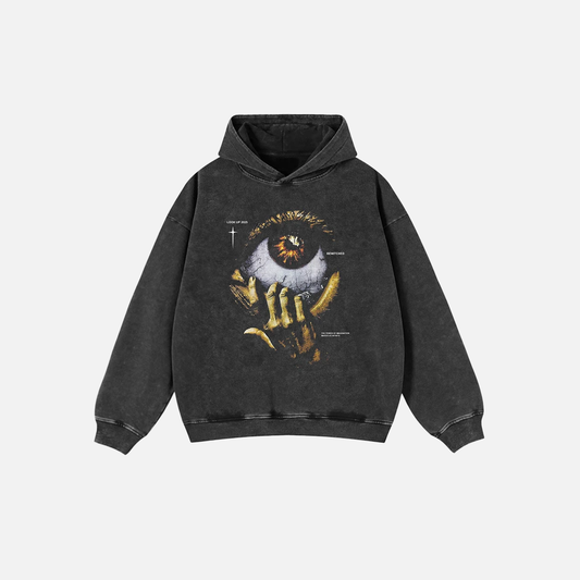 Oversized Faded Black Evil Eye Graphic Hoodie - Luxuryurbanwear