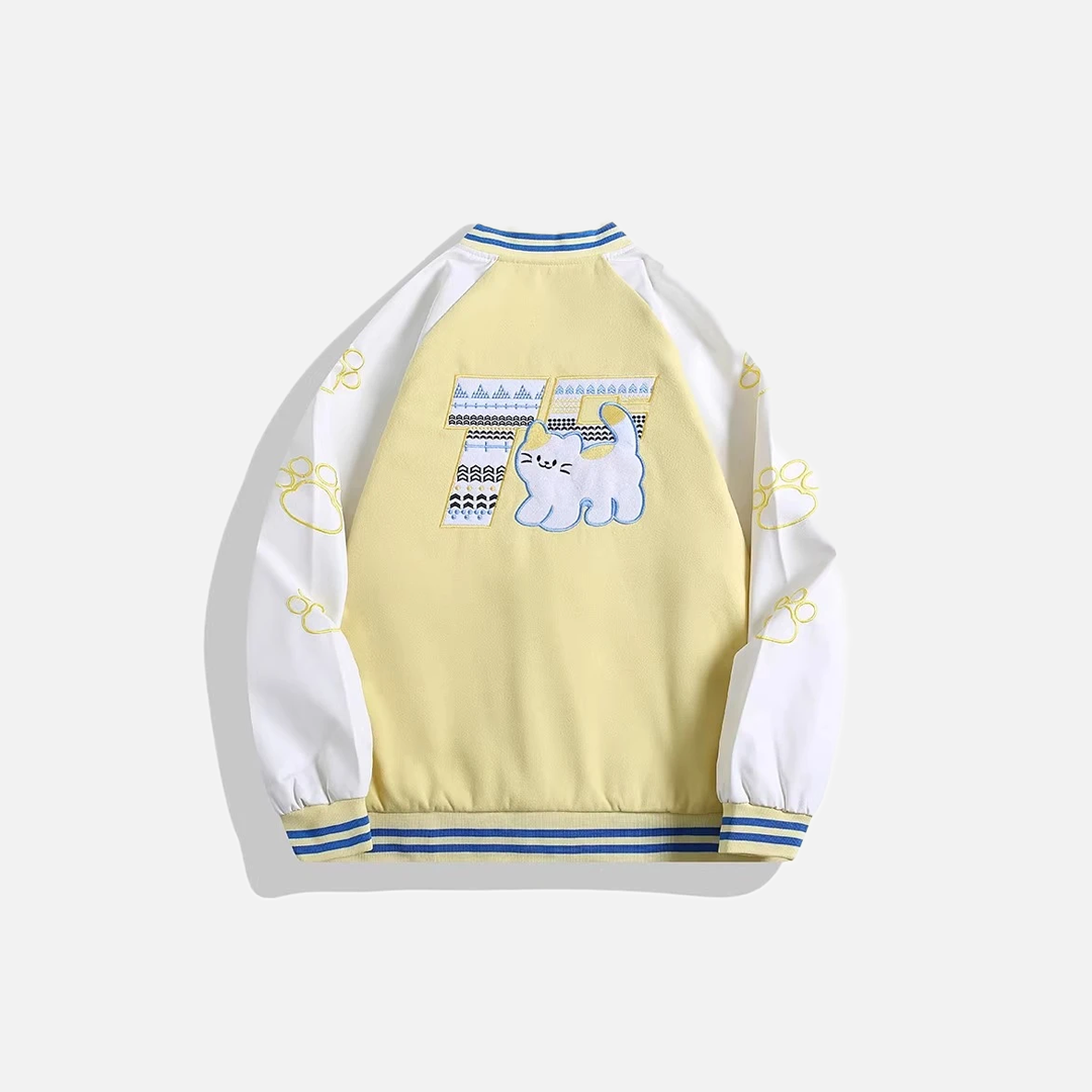 Embroidered Cartoon Cat Baseball Varsity Jacket - Luxuryurbanwear