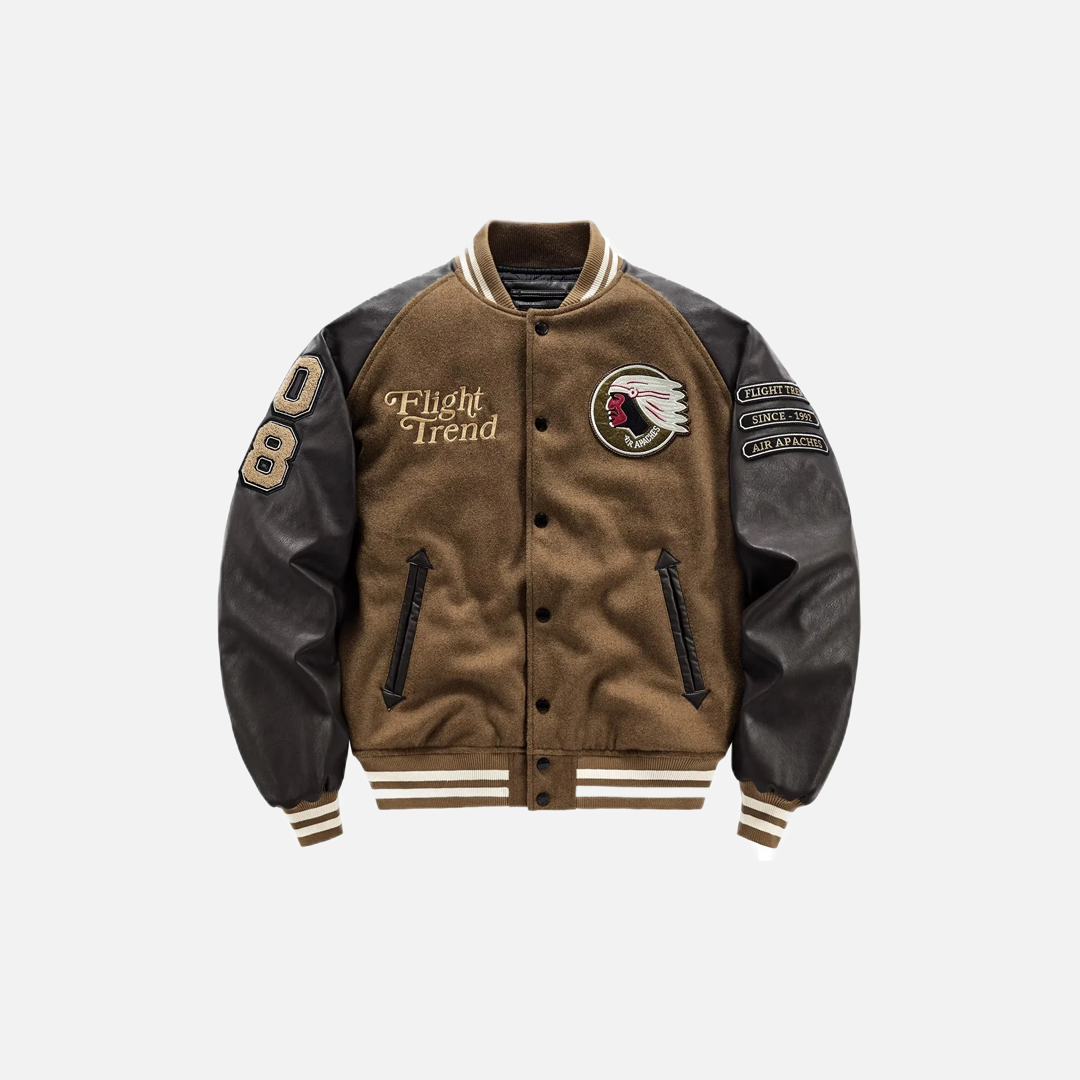 Warm Woolen Collar Leather Patchwork Varcity Jacket - Luxuryurbanwear