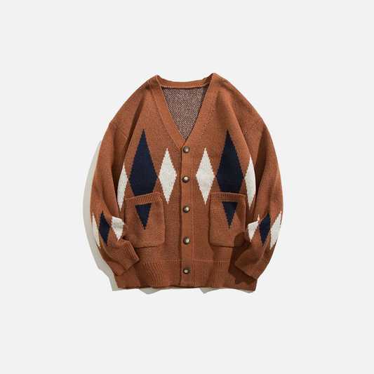 Colorful Grid Splicing V-Neck Classic Cardigan - Luxuryurbanwear