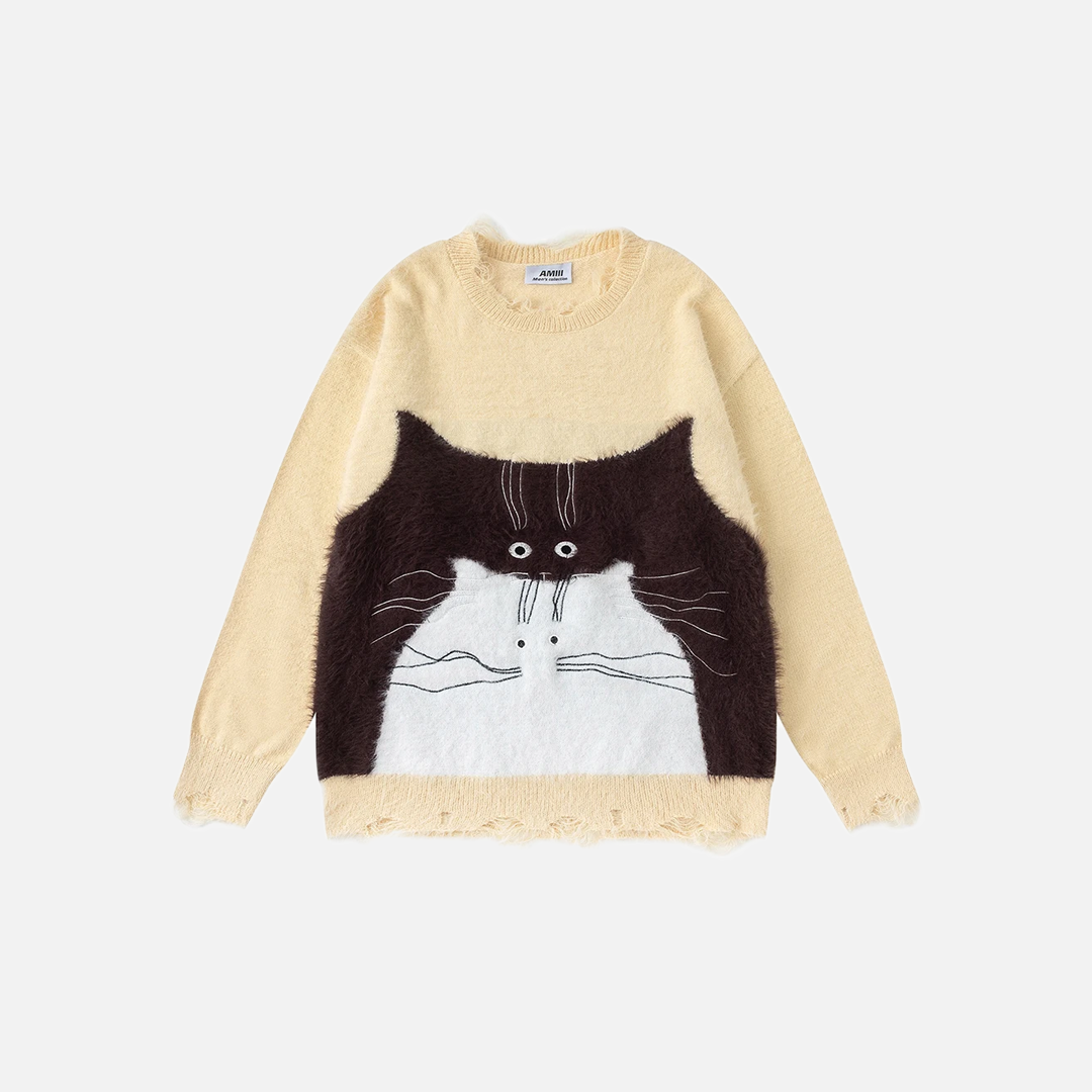 Women Chic Oversized Cat Graphic Knit Sweater - Luxuryurbanwear