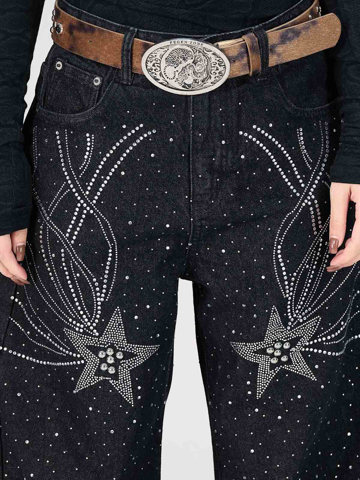 Star Rhinestone Embellished Baggy Jeans - Luxuryurbanwear