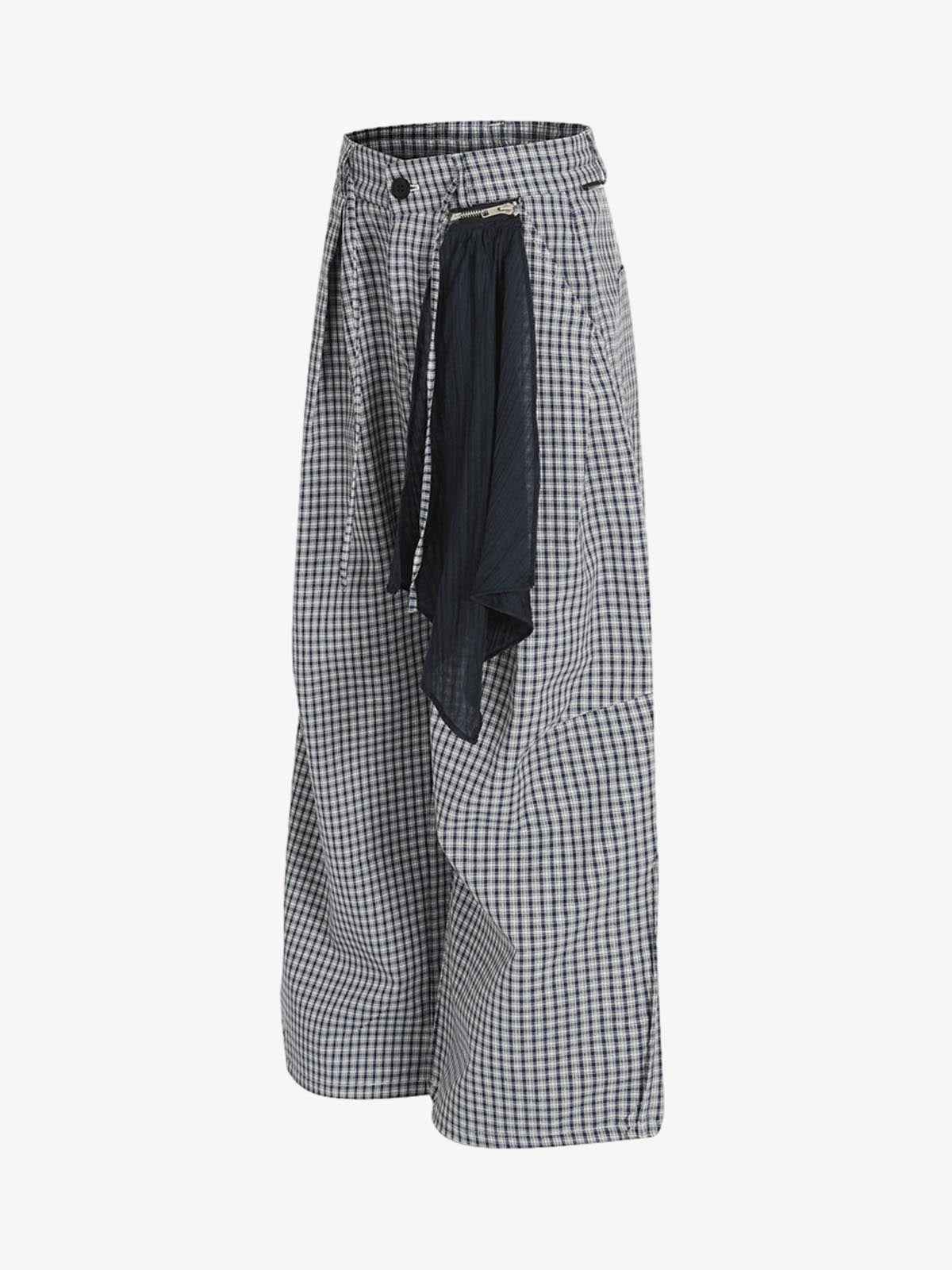 Checkered Pleated Detachable Front Panel Drawstring Pants