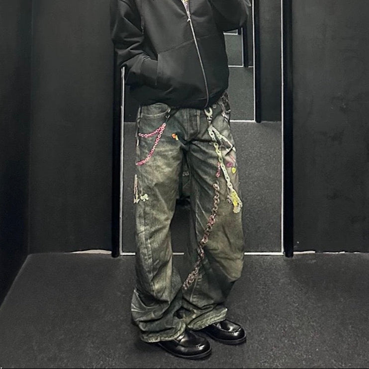 Candy Chain Washed Baggy Jeans - Y2K Cyber Aesthetic Denim | LuxuryUrbanwear - Luxuryurbanwear