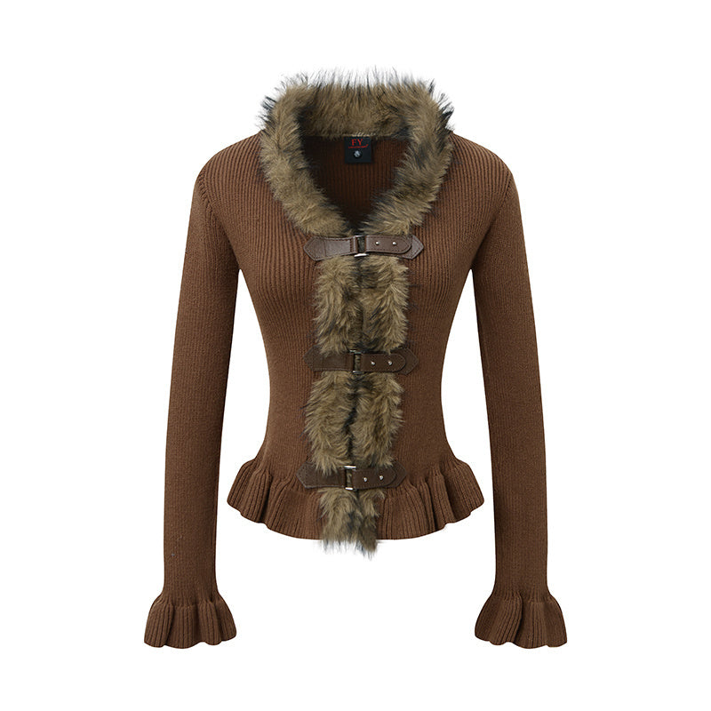 Buckled Fur | Knit Cardigan with Faux Trim - Luxuryurbanwear