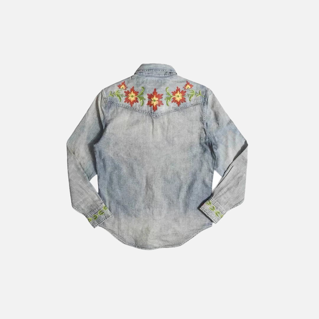 Floral Washed Embroidered Denim Long Sleeve Shirt - Luxuryurbanwear