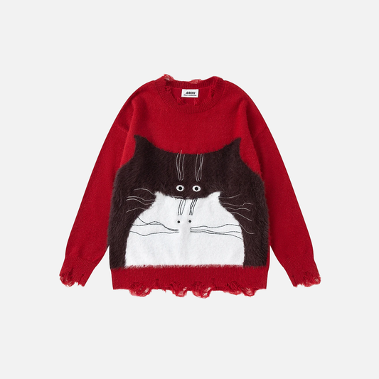 Women Chic Oversized Cat Graphic Knit Sweater - Luxuryurbanwear