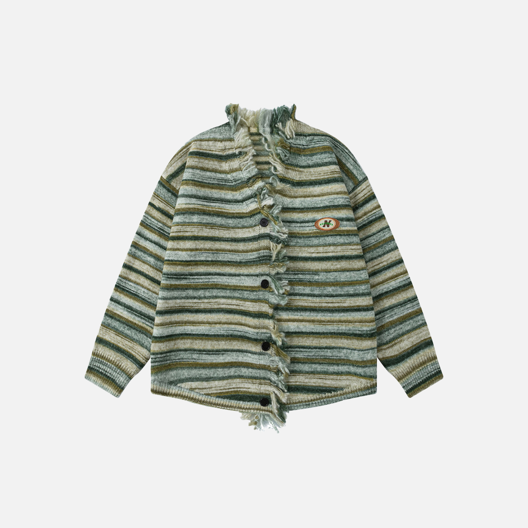 Cozy Striped Ripped Tassel V-Neck Cardigan - Luxuryurbanwear