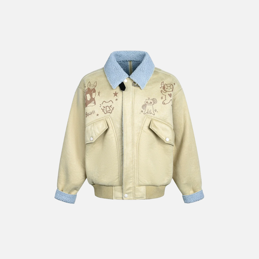 Vintage Cartoon Cat Print Sherpa Faux Fur Jacket - Luxuryurbanwear