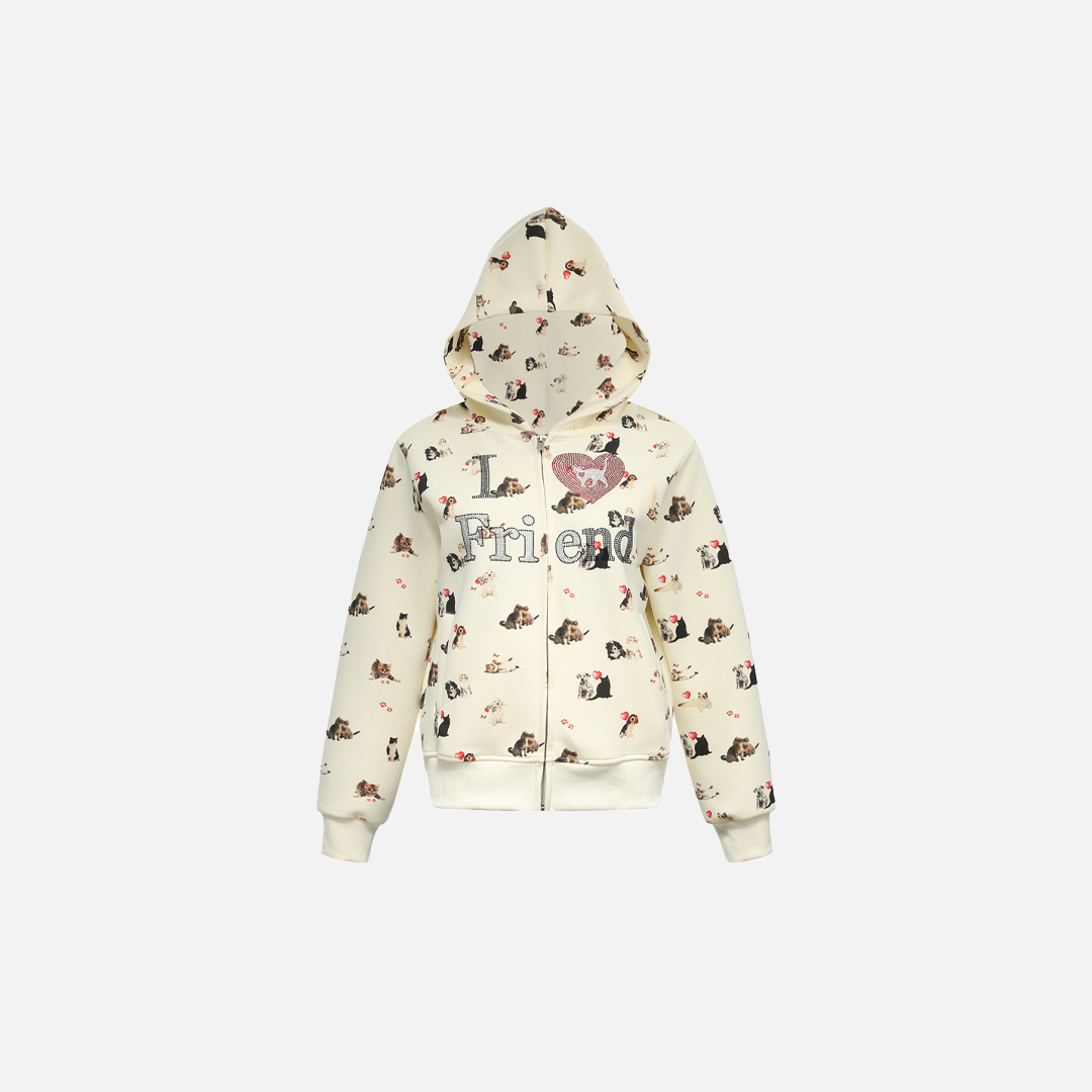 Whimsical Animal Zip-Up Print Hooded Sweatshirt - Luxuryurbanwear