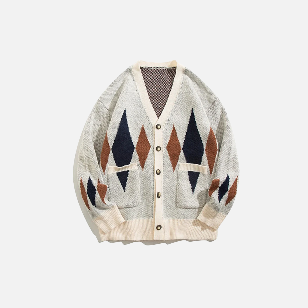 Colorful Grid Splicing V-Neck Classic Cardigan - Luxuryurbanwear