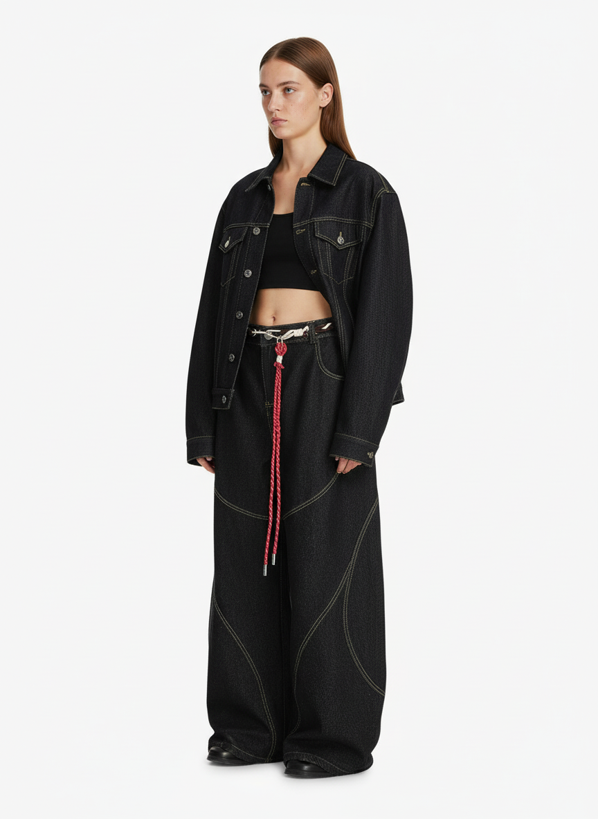 Denim Retro Belt Detail With Patchwork Barrel Jeans - 2490 - Luxuryurbanwear