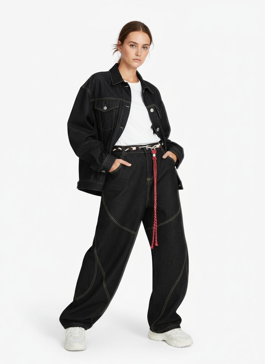 Denim Retro Belt Detail With Patchwork Barrel Jeans - 2490 - Luxuryurbanwear