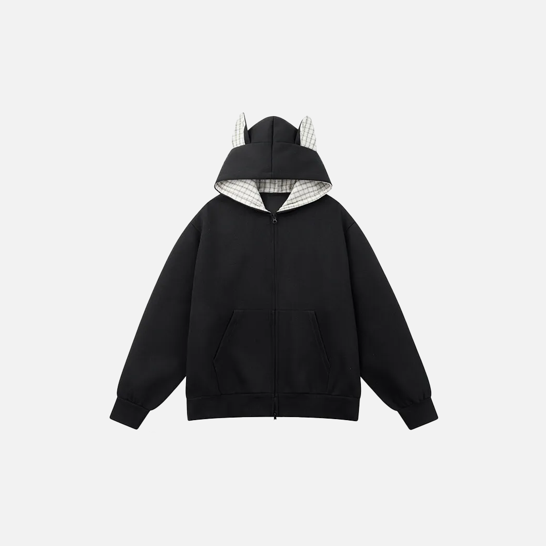 Streetwear Oversized Plaid Cat Ear Hooded Sweatshirt - Luxuryurbanwear