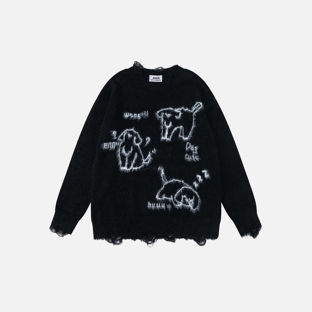 Y2K Flattering Oversized Dog Graphic Knit Sweater - Luxuryurbanwear