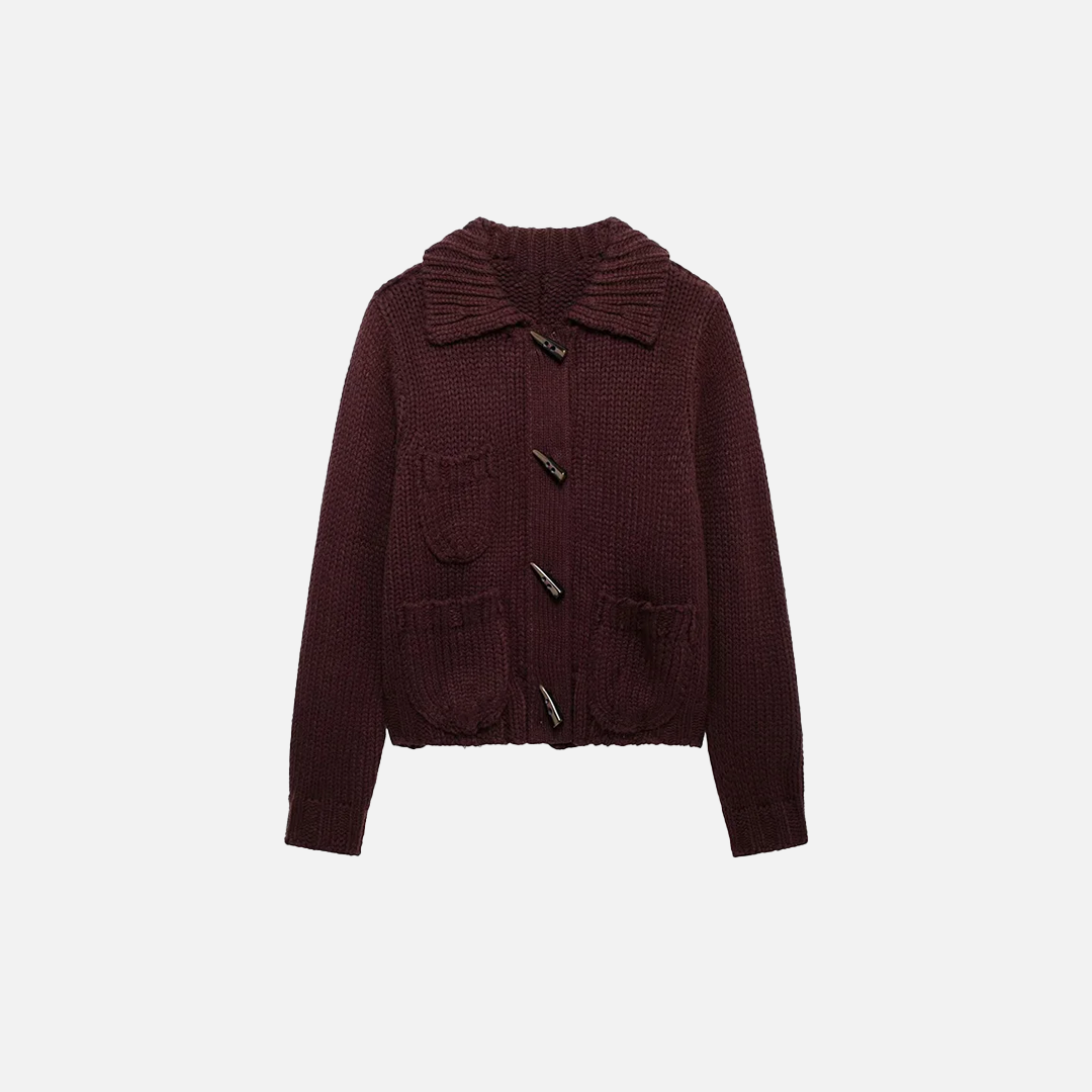 Fashionable Wine Red Knitted Lapel Neck Cardigan - Luxuryurbanwear