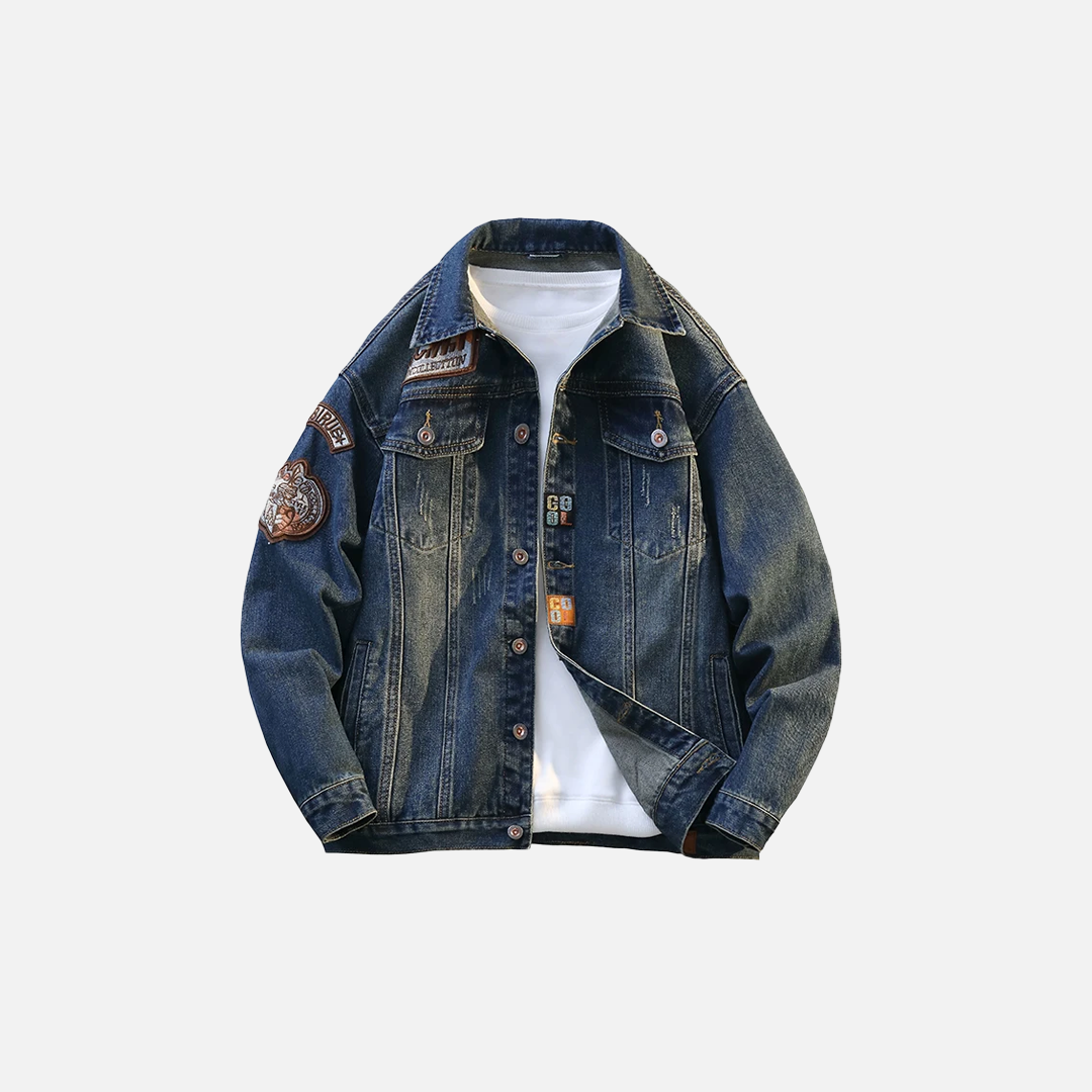 Embroidered Turn Down Collar Loose Denim Jacket - Luxuryurbanwear
