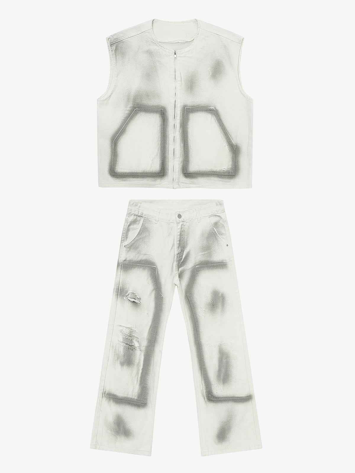 Airbrush Print Sleeveless Vest & Straight Leg Jeans Set