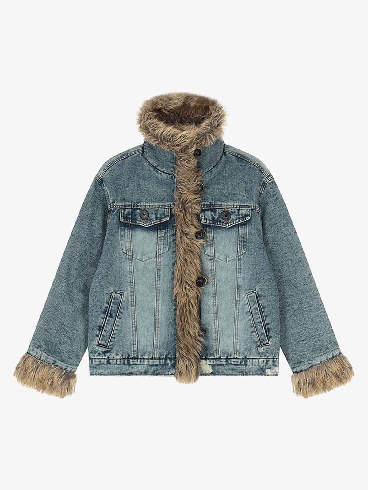 Vintage Faux Fur Trim Washed Padded Denim Jacket