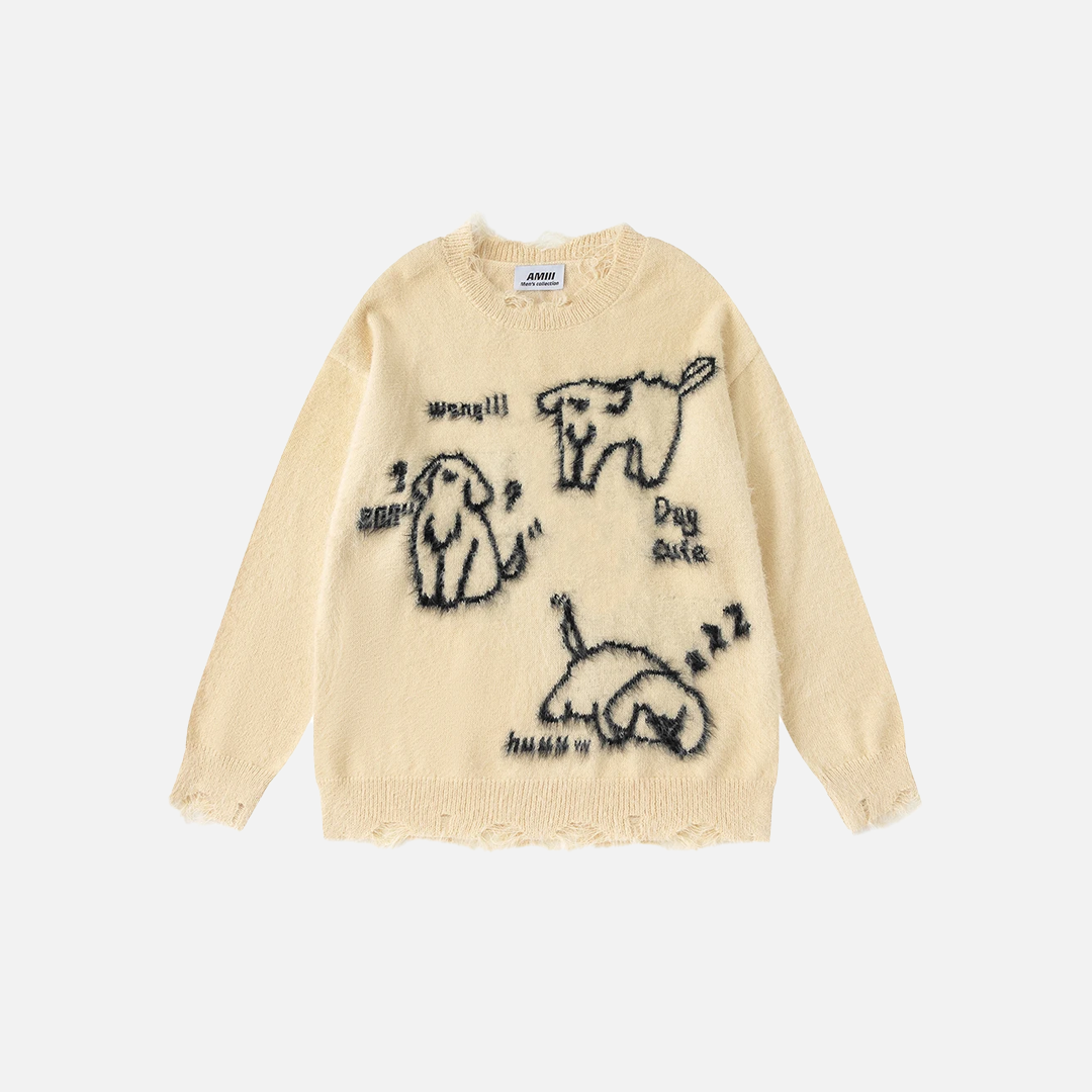 Y2K Flattering Oversized Dog Graphic Knit Sweater - Luxuryurbanwear