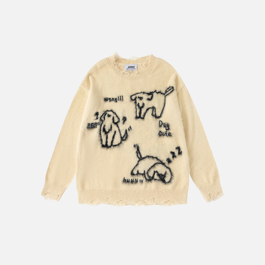 Y2K Flattering Oversized Dog Graphic Knit Sweater - Luxuryurbanwear