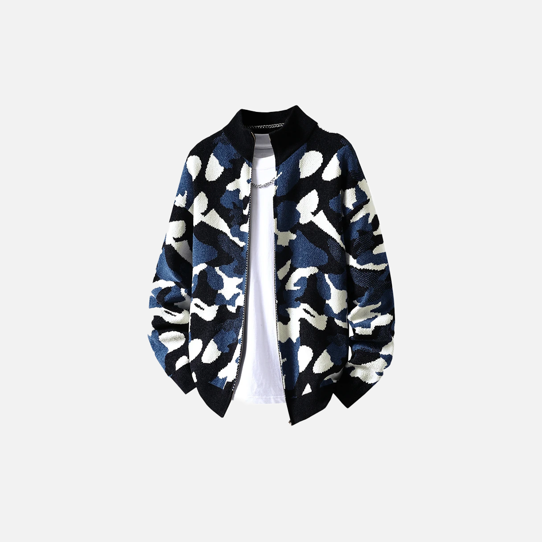 Streetwear Camouflage Zipper Knit Cardigan - Luxuryurbanwear