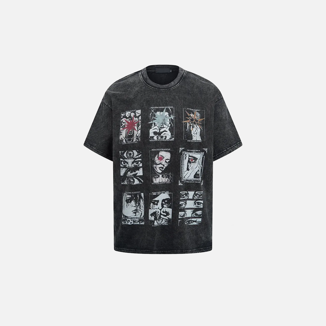 Gothic Eye Graphic Washed Black T-Shirt - Luxuryurbanwear