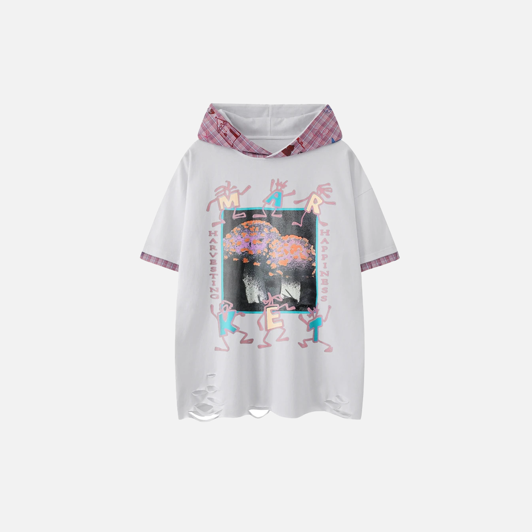 Graphic Print Hooded Short Sleeve Ripped T-Shirt - Luxuryurbanwear
