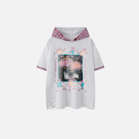 Graphic Print Hooded Short Sleeve Ripped T-Shirt - Luxuryurbanwear
