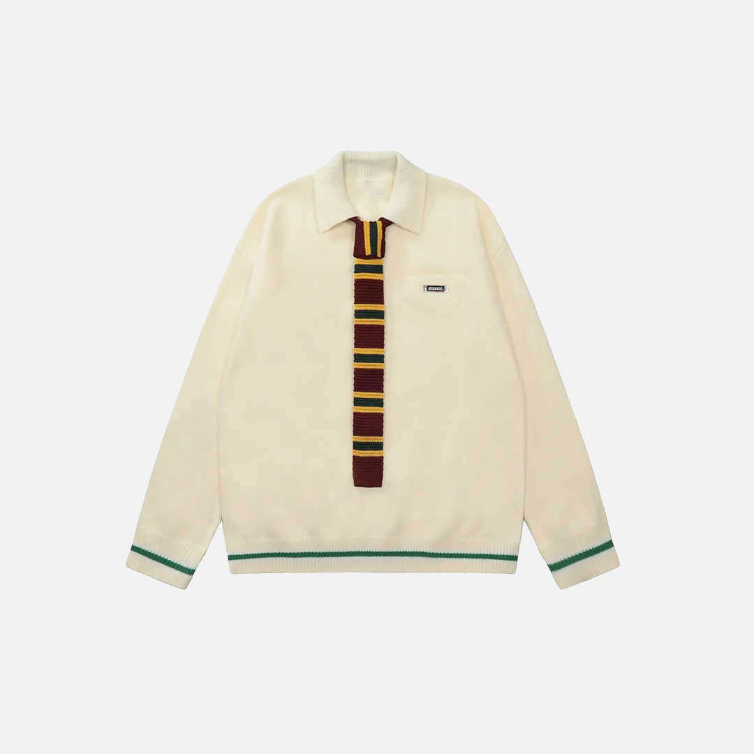 Y2K Preppy Striped Tie Collar Knit Sweater - Luxuryurbanwear