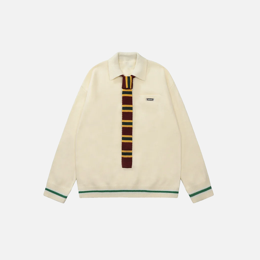 Y2K Preppy Striped Tie Collar Knit Sweater - Luxuryurbanwear