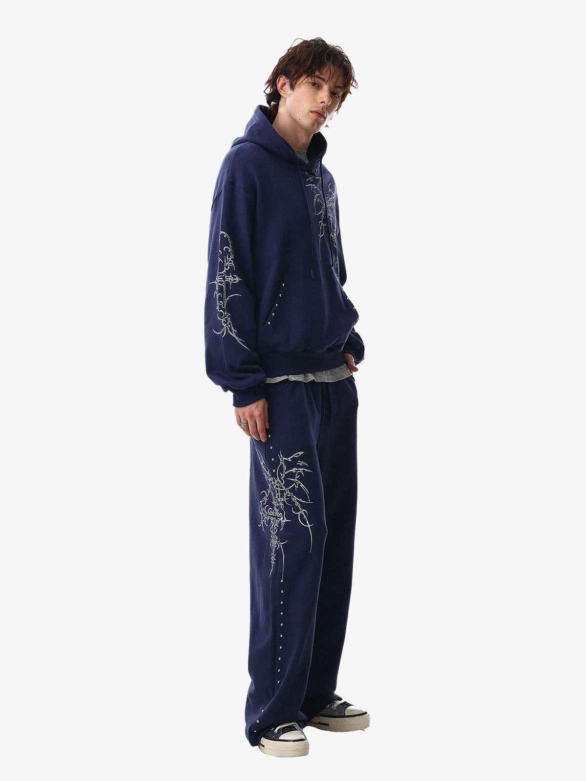Floral Line Art Studded Pocket Hoodie