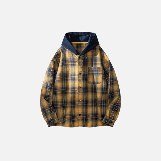 Streetwear Plaid Hooded Long Sleeve Shirt - Luxuryurbanwear