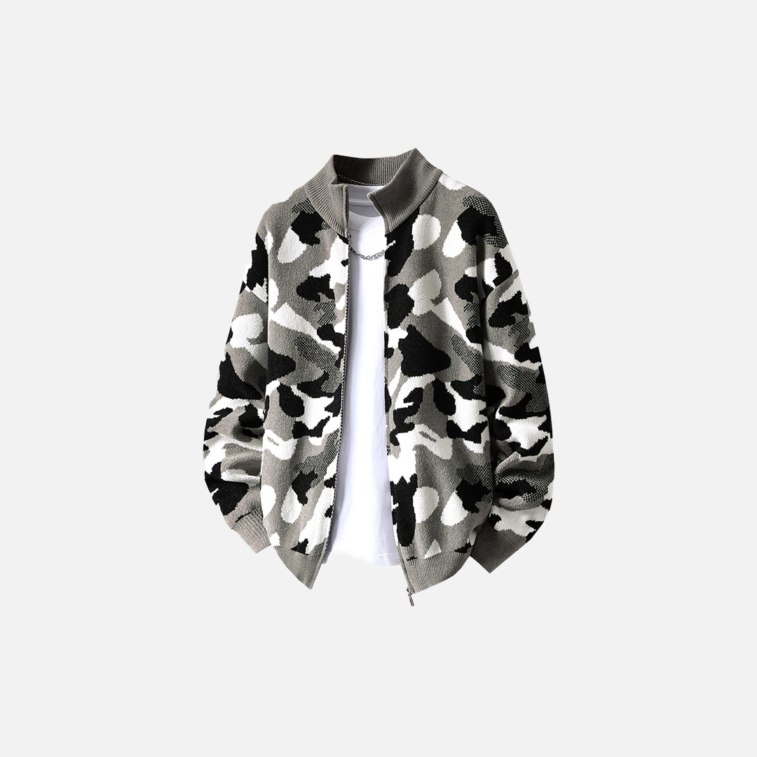Streetwear Camouflage Zipper Knit Cardigan - Luxuryurbanwear
