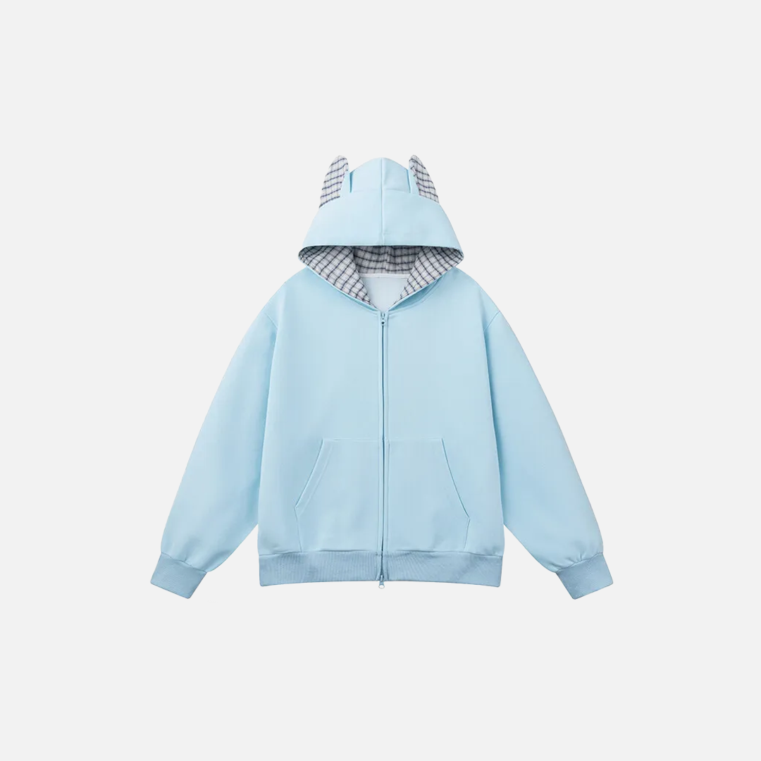 Streetwear Oversized Plaid Cat Ear Hooded Sweatshirt - Luxuryurbanwear