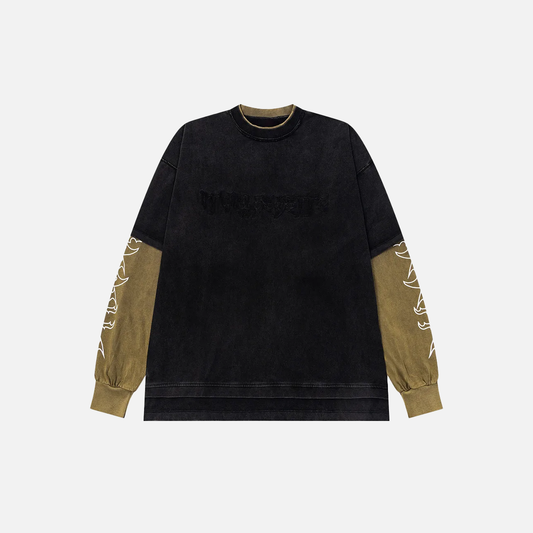 Retro Letter Printed Fake Two Piece Long Sleeve T-Shirt - Luxuryurbanwear