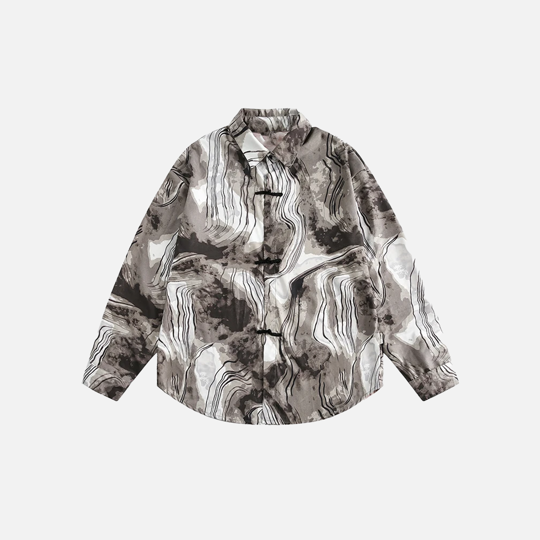 Y2K Abstract Print Turn-Down Collar Long Sleeve Shirt - Luxuryurbanwear