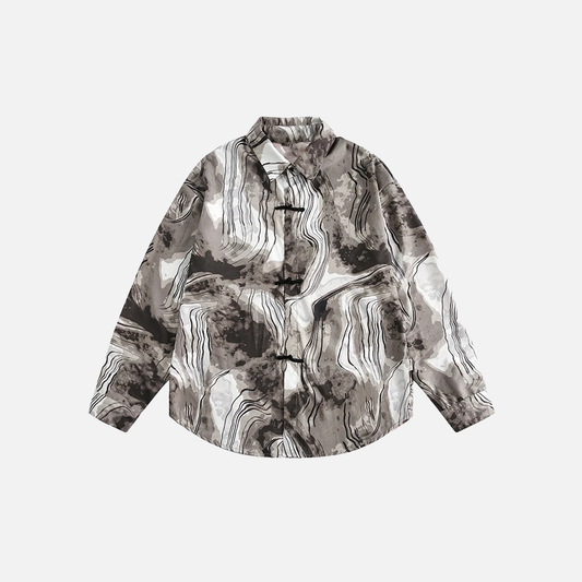 Y2K Abstract Print Turn-Down Collar Long Sleeve Shirt - Luxuryurbanwear