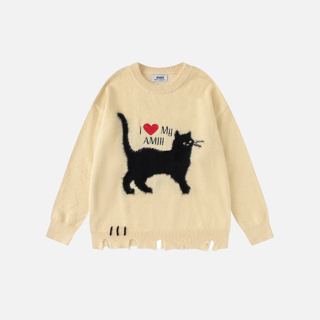 Y2K Funny Cat Graphic Oversized Ripped Sweater - Luxuryurbanwear