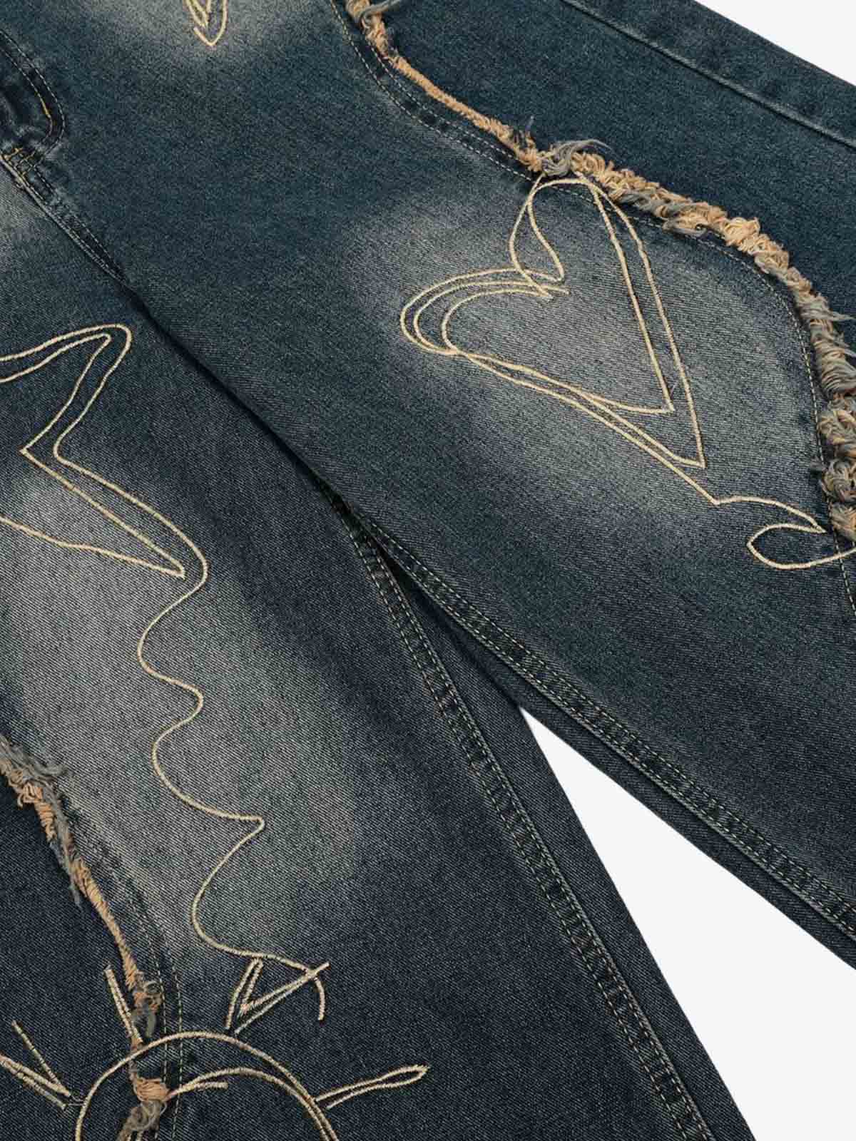 Vintage Embroidered Washed Raw-Edge Graffiti Scimitar Jeans - Luxuryurbanwear