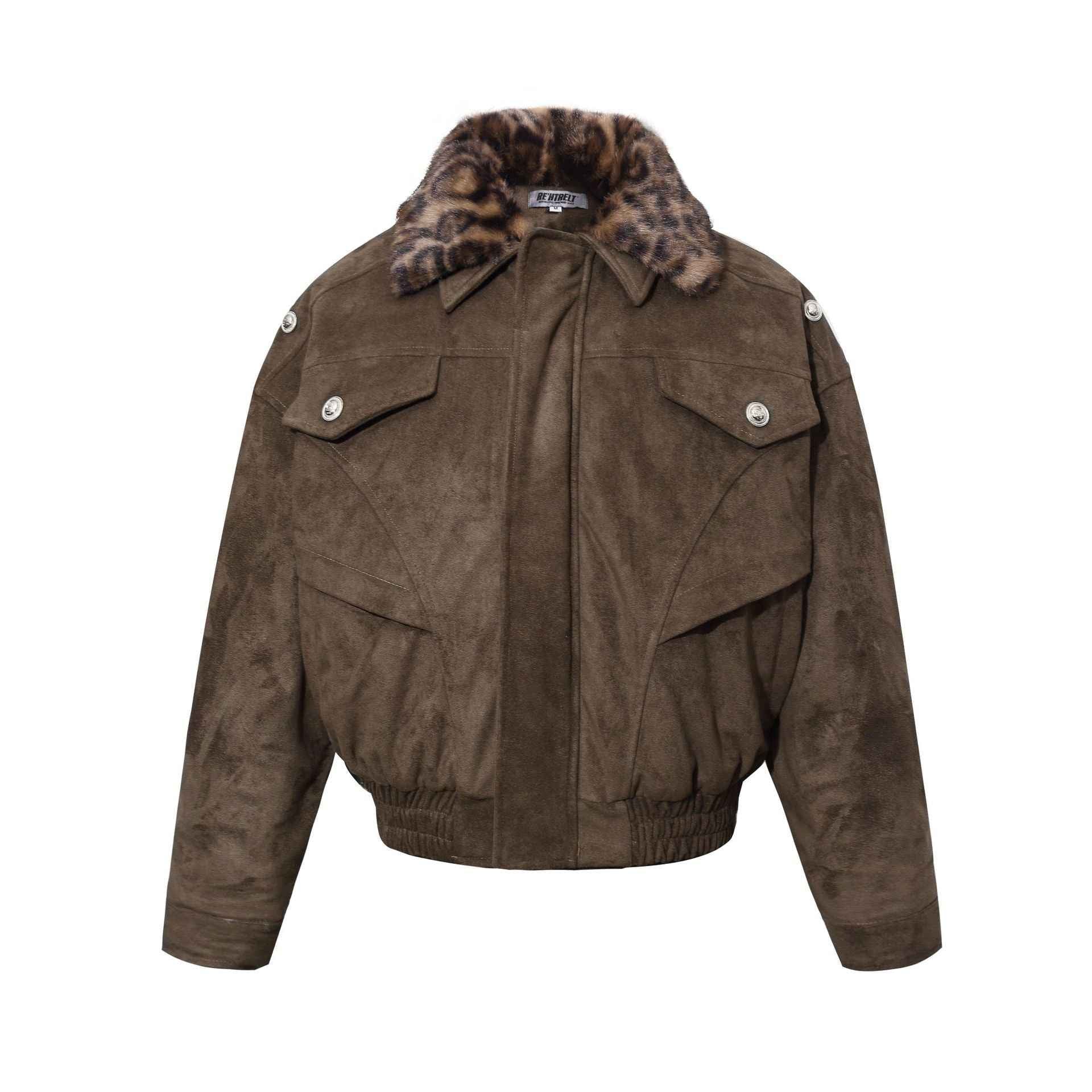 Retro Leopard Fur Collar Padded Bomber Jacket
