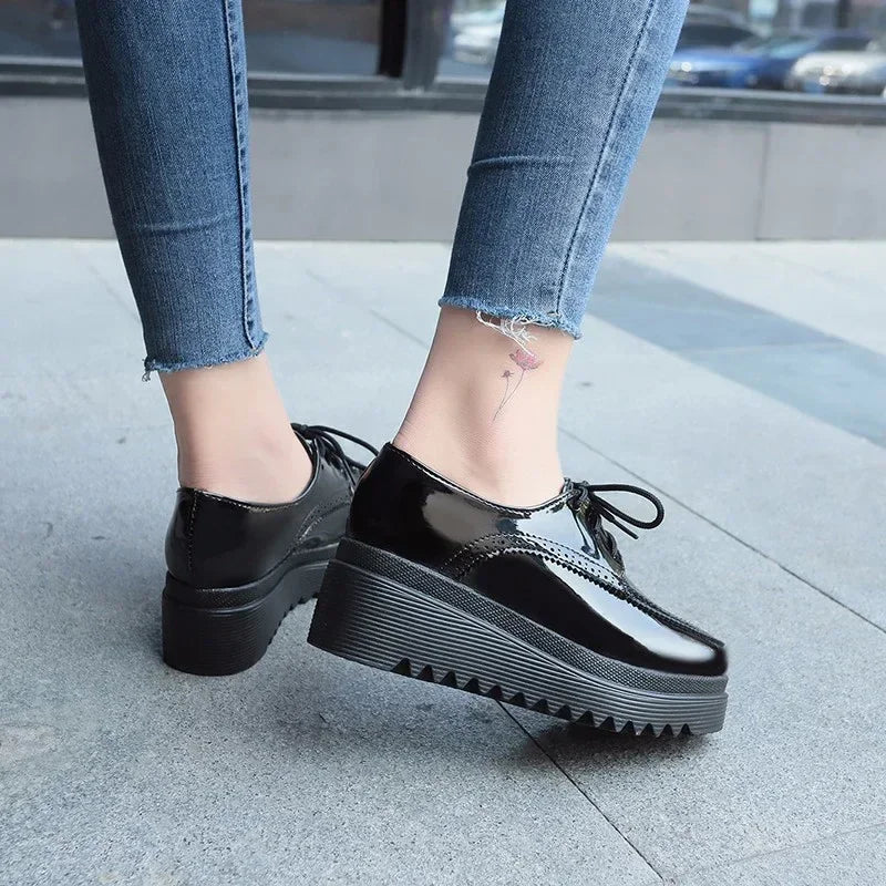 Women Oxford Lace Up Platform Shoes Black - Luxuryurbanwear